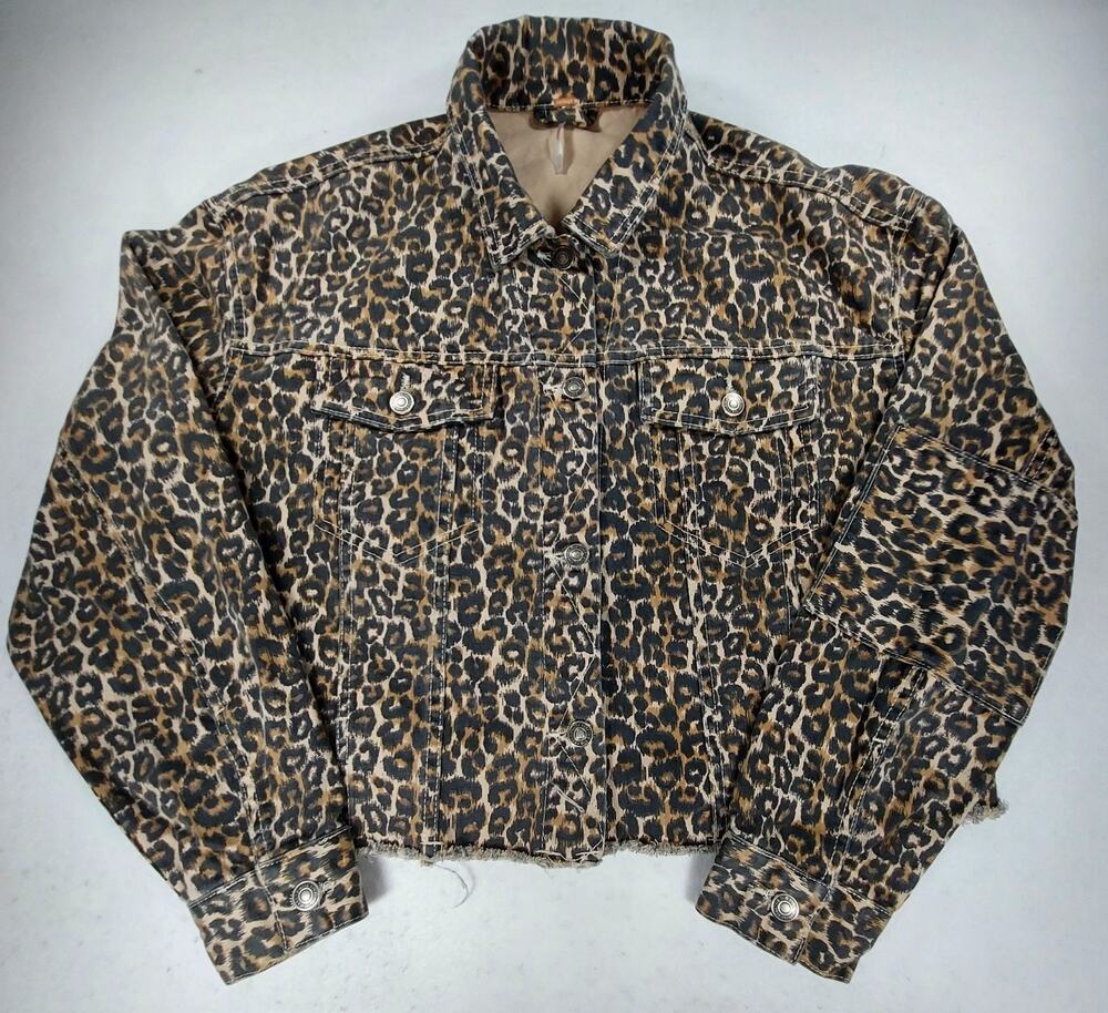 Free People Women’s Animal Print Oversized Cropped Jeans Jacket Cheetah Sz Small